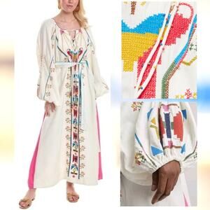 FARM RIO Macaw Embroidered Beaded Maxi Dress Caftan Tapestry Ethereal Wedding